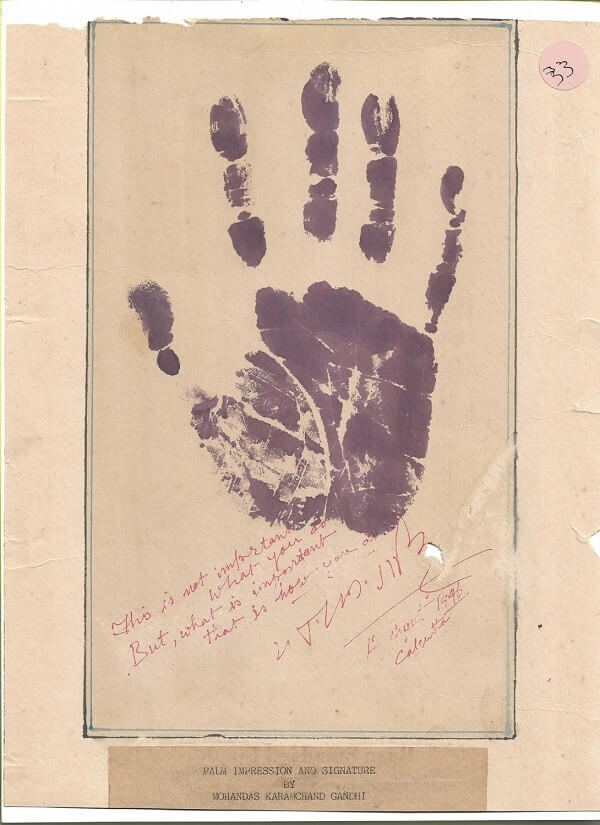 A 1946 palm-print of Gandhi taken in Kolkata