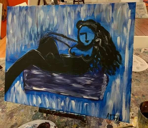 working as a live model. A Painting with dark blue and black strokes.