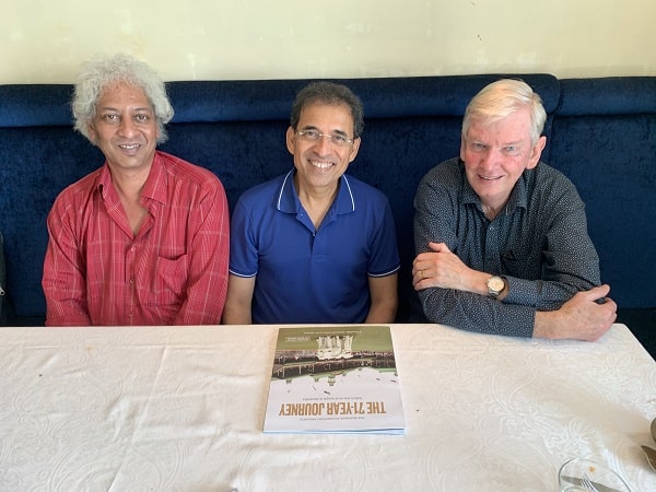 Fairfar archive cricket photos. (Left to right) R Kaushik, the author of India's 71-Year Test, Harsha Bhogle, and, Phil Bonser Managing Director of Churchill Press.