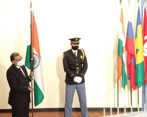 India's permanent diplomat to the United Nations T S Tirumurti at the flag installation ceremony. Source: IANS