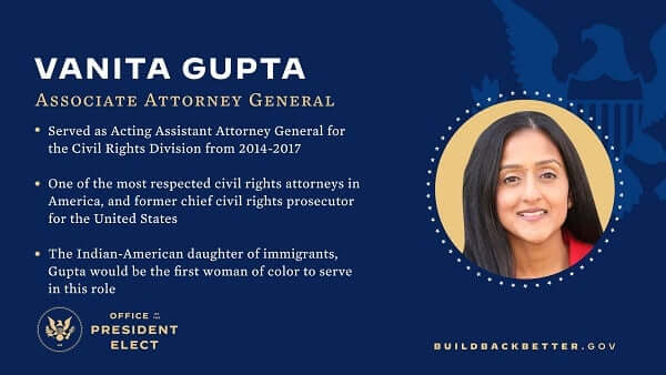 vanita gupta, indian american, biden team, assistant attorney general AG