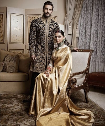 Deepika Padukone with her husband Ranveer Singh in the custom-made Advaya sari