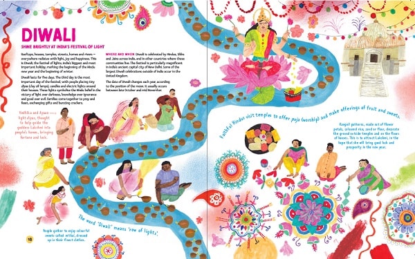The festival of Diwali depicted in the big book of festivals