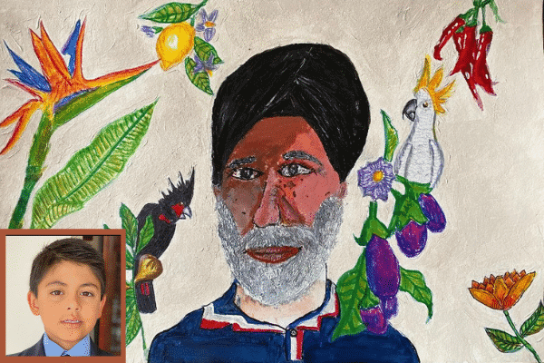 Viraj Tandon and his painting 'My Grandfather’s Secret Garden'.