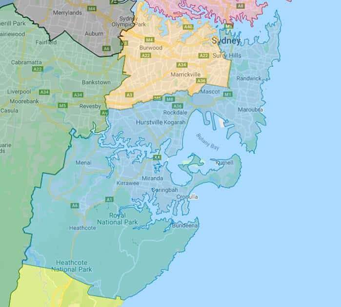 Local Health Districts map: SESLHD is in blue, SLHD is in yellow. Source: LHD Maps - Local health districts (nsw.gov.au)