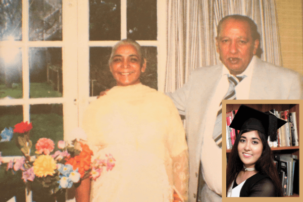 Simran Gill (inset) and her grandparents. Image supplied