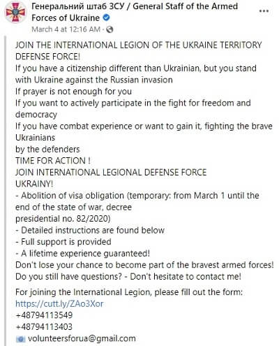 The Facebook post on Ukraine's Armed Forces page. (Image: Facebook)