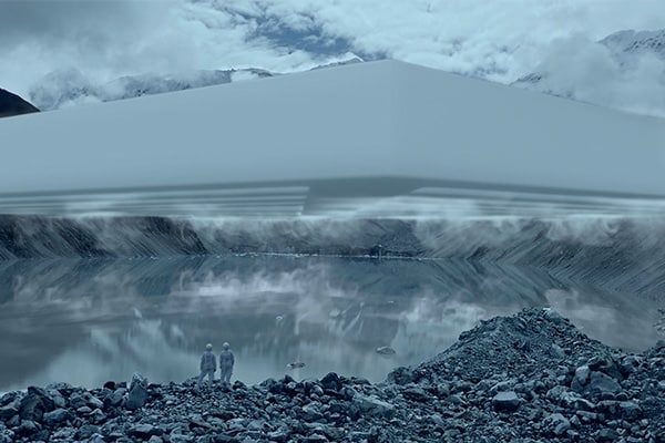 Two people in spacesuits look at a clear mountain lake, from NINGWASUM by Subash Thebe Limbu, part of the Okkoota program. 