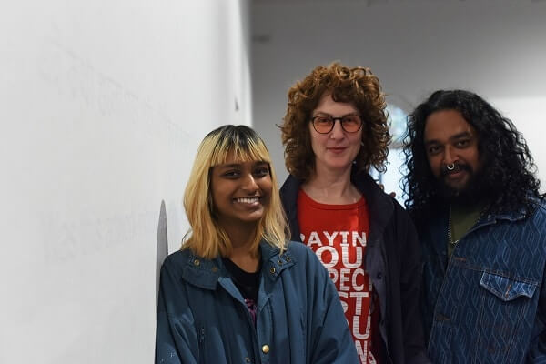 Hatched 2023 judges artist Ramesh Mario Nithiyendran, who is also Sarkar's mentor and PICA Director Hannah Mathews with Paean Sarkar (Source: Supplied/Dan McCabe)