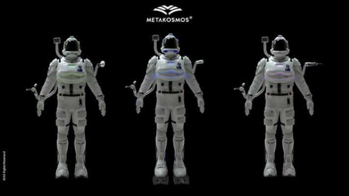 Three spacesuits from Metakosmos