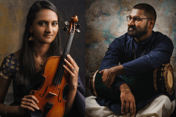 Bhairavi and Nanthesh posing for portraits with their instruments.