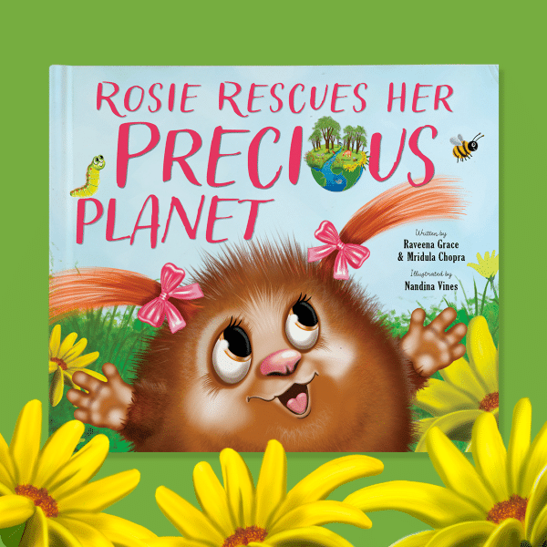 the cover of 'rosie rescues her precious planet'; an image of rosie the treeble with pink bows in her hair.