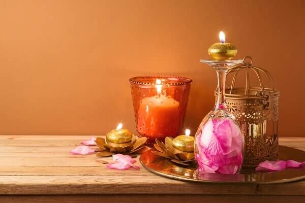 Table decorated with Diwali candles