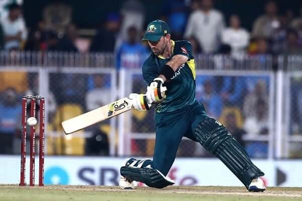 Glenn Maxwell playing at the third T20I against India in Guwahati.