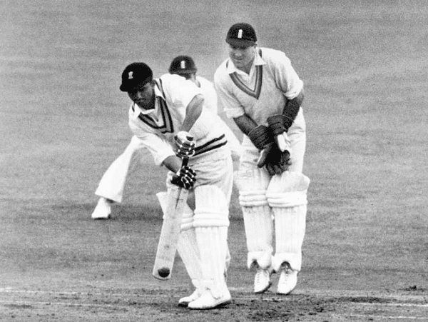 Vijay Hazare batting against England in the Manchester Test of 1952.