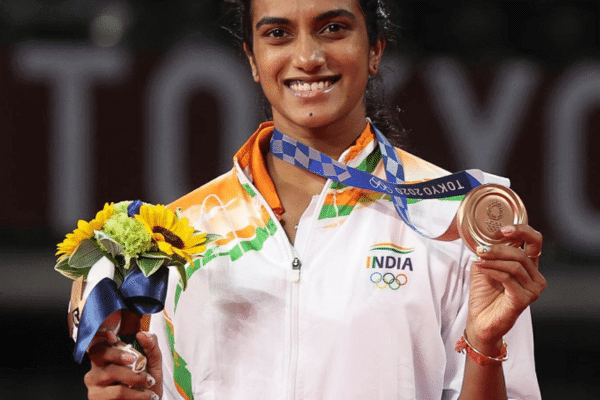 Photo of PV Sindhu at the 202 Olympics after winning a medal