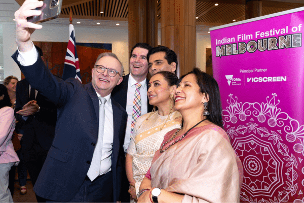 Albo takes a selfie with Mitu Bhowmick Lange, Karan Johar, Tim Watts, Rani Mukerjee