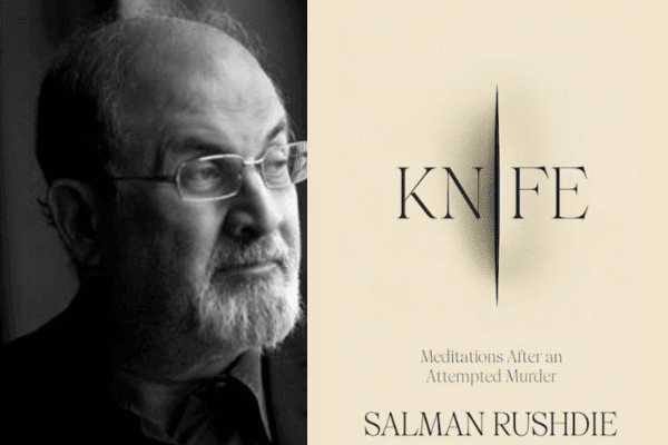 Photo of Salman Rushdie with his book Knife