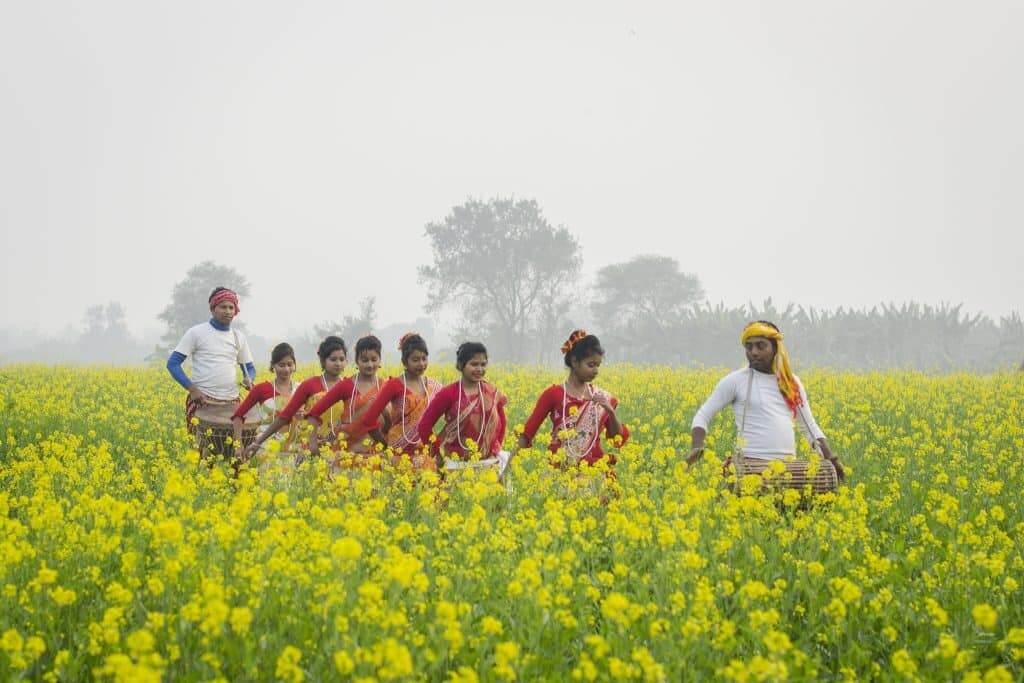 People walking through a field