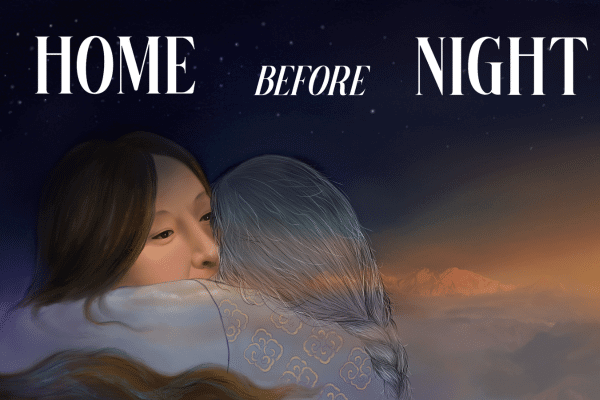 the poster for home before night which is two nepali women sharing a hug over a faded sunset