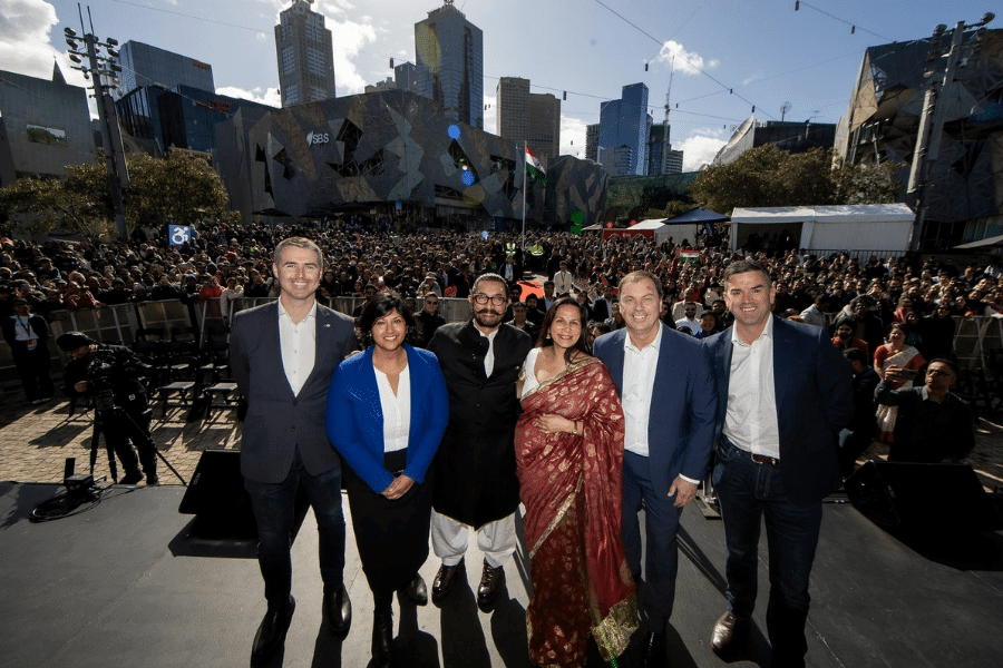 Mitu Bhowmick Lange Aamir Khan Roshena Campbell at the flag hoisting in Fed Square IFFM 2025