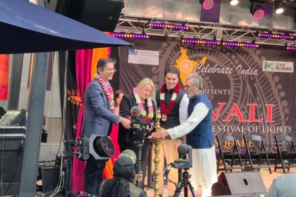 dignitaries light diya at Fed Square for Celebrate India Diwali Victorian Festival of Diwali 2025.