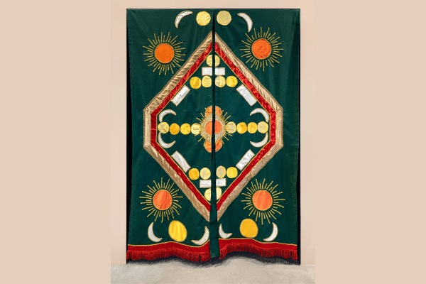 Embroidered satin curtains by Anamika and Shabnam for Khaled Sabsabi's Venice Biennale installation.
