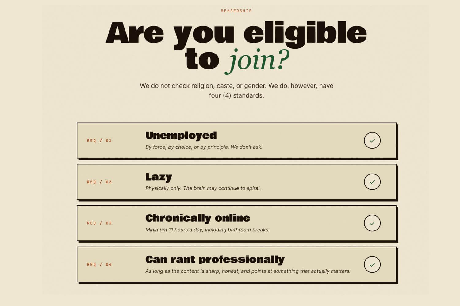 The CJP's membership criteria (Source: coackroachjantaparty.org)