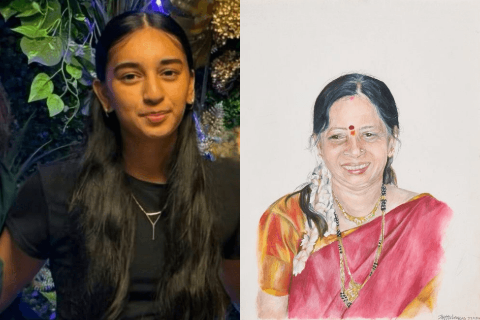 Hitha Manupuri's artwork featuring her Ammuma, titled Strength - that's my grandma, drawn realistically based on a photograph