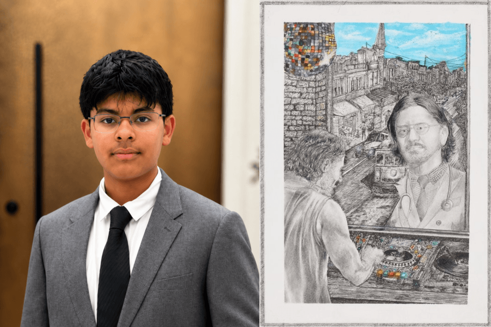 Viraj Tandon alongside his artwork inspired by his cousin Angad's dual professions - psychologist and musician, both featured in the image 