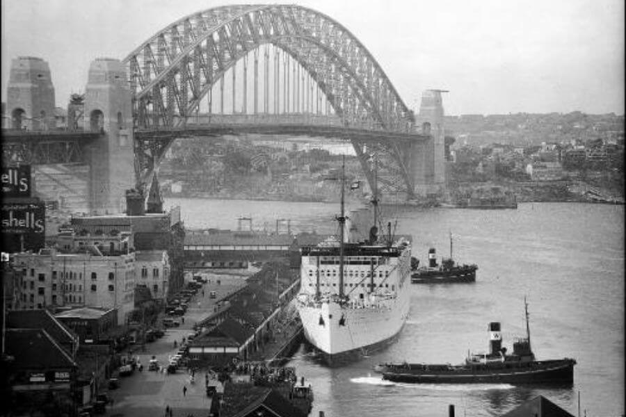 RMS STRATHNAVER alongside the wharf in west Circular Quay, Sydney